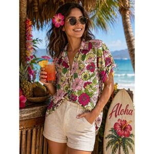 Sag Harbor Womens Pink‎ Floral Seersucker Cotton Tie Sleeve Blouse Medium